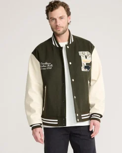Pendleton MEN'S UK WOOL/FAUX LEATHER VARSITY JACKET DARK OLIVE New