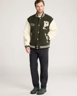 Pendleton MEN'S UK WOOL/FAUX LEATHER VARSITY JACKET DARK OLIVE New