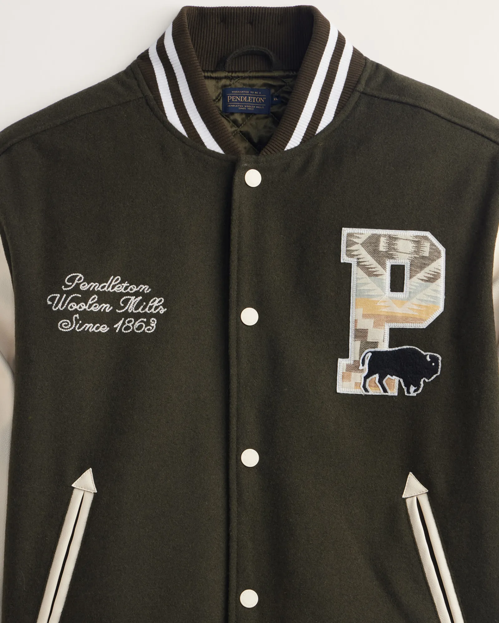 Pendleton MEN'S UK WOOL/FAUX LEATHER VARSITY JACKET DARK OLIVE New