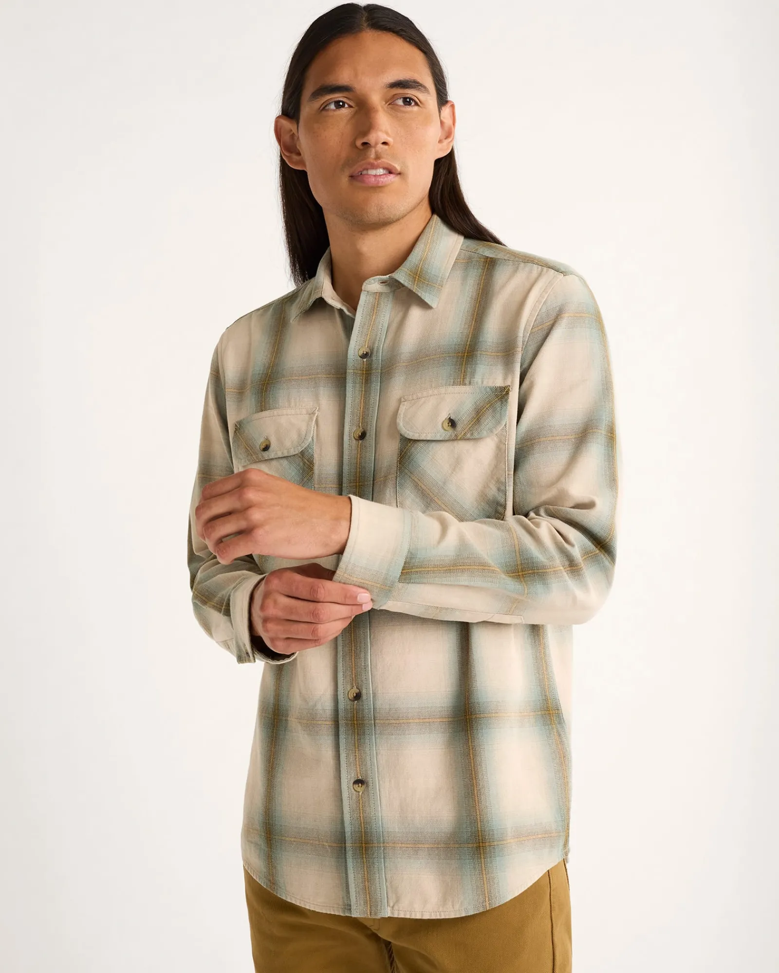 Pendleton MEN'S PLAID BEACH SHACK COTTON SHIRT TAN/SAGE OMBRE Outlet