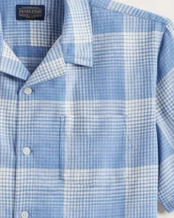 Pendleton MEN'S PLAID LINEN CAMP SHIRT BLUE/WHITE OMBRE Best