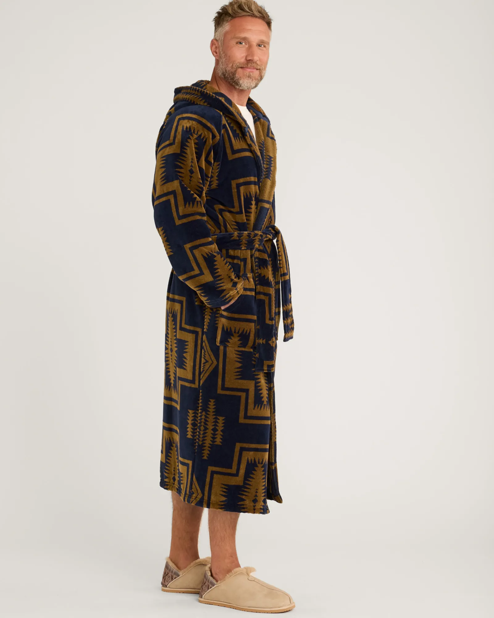 Pendleton UNISEX HARDING COTTON TERRY VELOUR BATHROBE NAVY/BRONZE Best