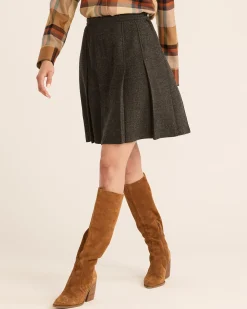 Pendleton WOMEN'S BOX PLEAT WOOL SKIRT BLACK/GREEN HERRINGBONE Hot