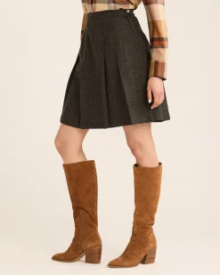 Pendleton WOMEN'S BOX PLEAT WOOL SKIRT BLACK/GREEN HERRINGBONE Hot