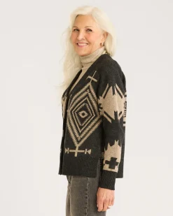 Pendleton WOMEN'S LAMBSWOOL MIXED GRAPHIC CARDIGAN BLACK/TAUPE Clearance