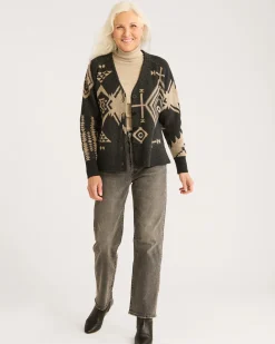 Pendleton WOMEN'S LAMBSWOOL MIXED GRAPHIC CARDIGAN BLACK/TAUPE Clearance