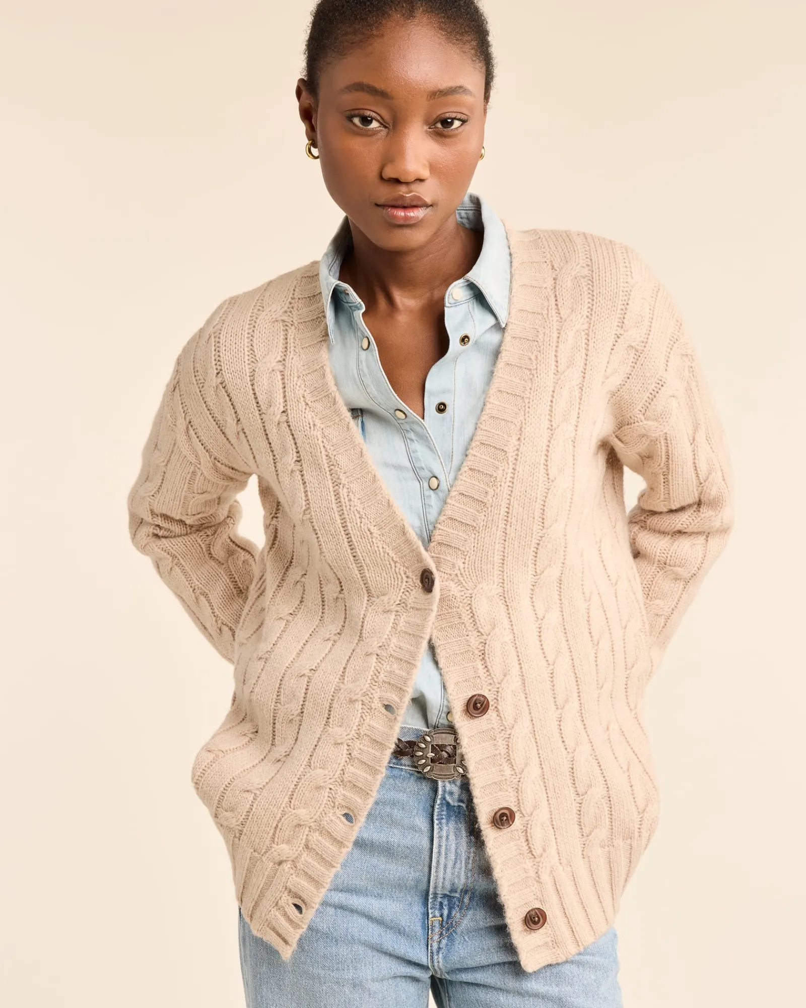 Pendleton WOMEN'S SHETLAND COLLECTION FISHERMAN CARDIGAN SOFT TAUPE Outlet
