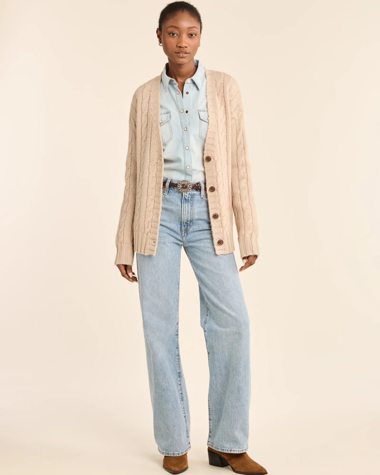Pendleton WOMEN'S SHETLAND COLLECTION FISHERMAN CARDIGAN SOFT TAUPE Outlet