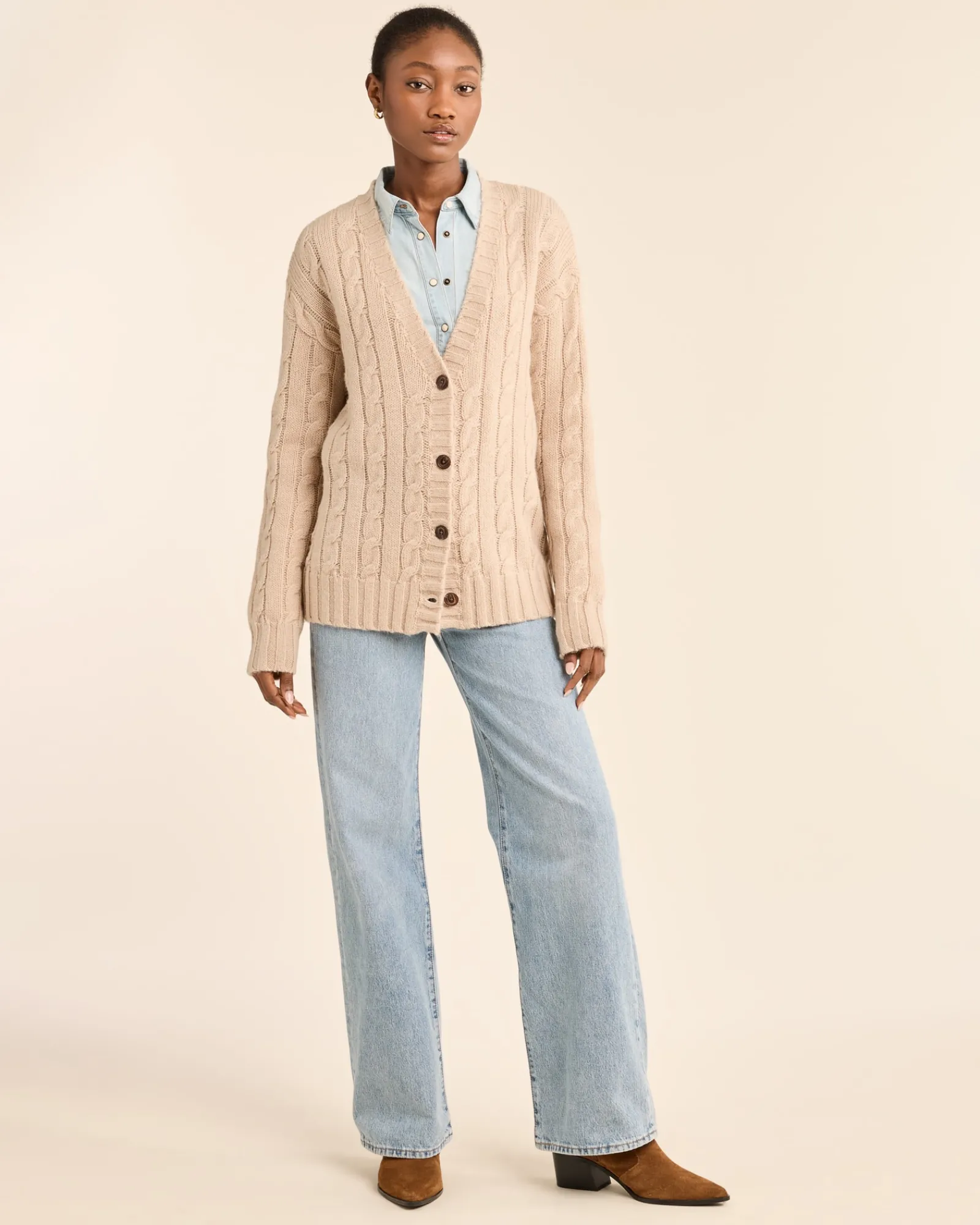 Pendleton WOMEN'S SHETLAND COLLECTION FISHERMAN CARDIGAN SOFT TAUPE Outlet