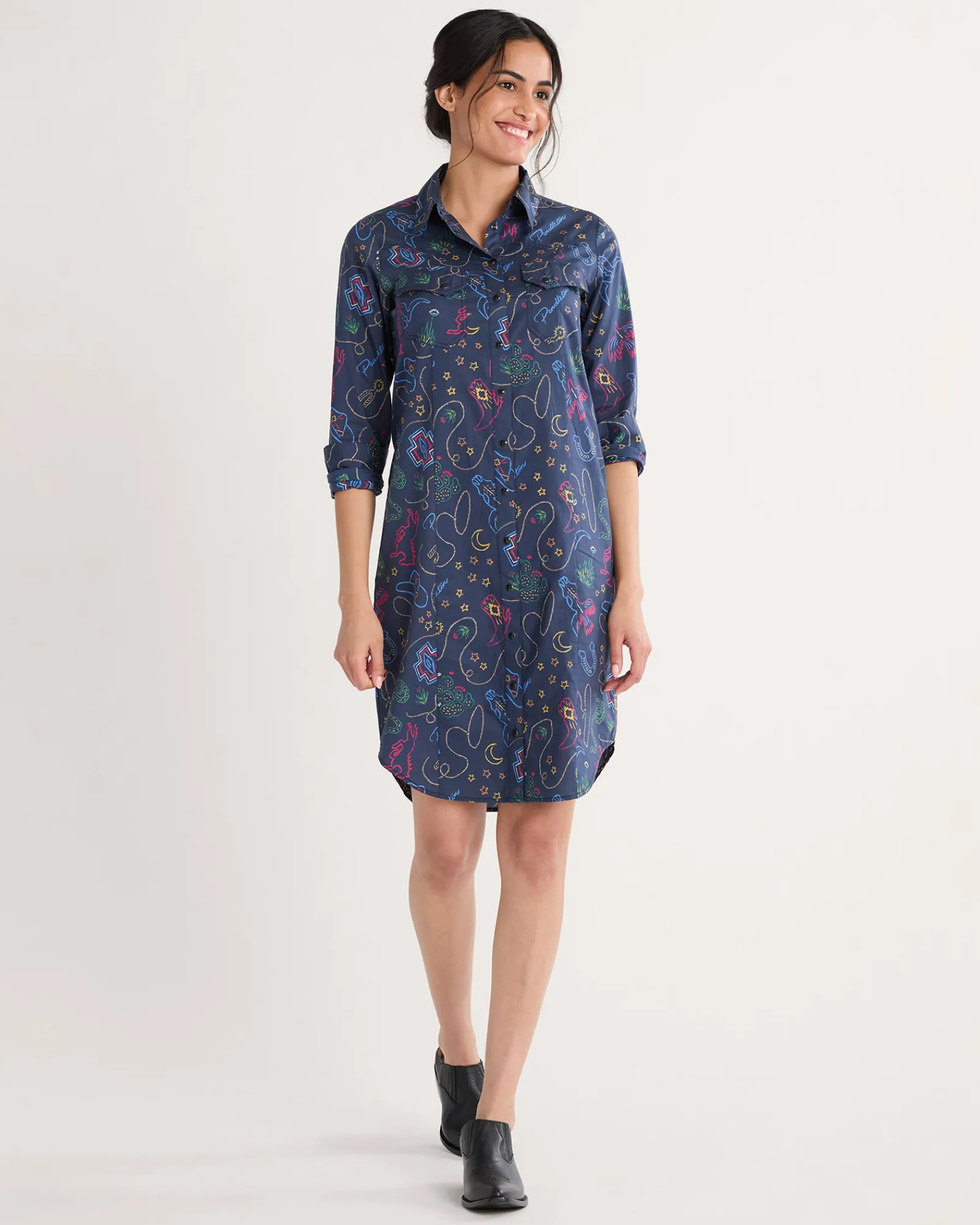 Pendleton WOMEN'S WESTERN PRINT GAMBLER SHIRT DRESS NAVY BRIGHTS Discount